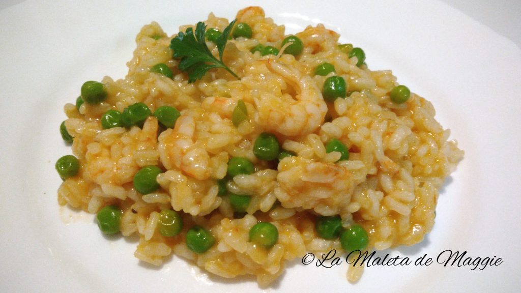 risotto de gambas y guisantes