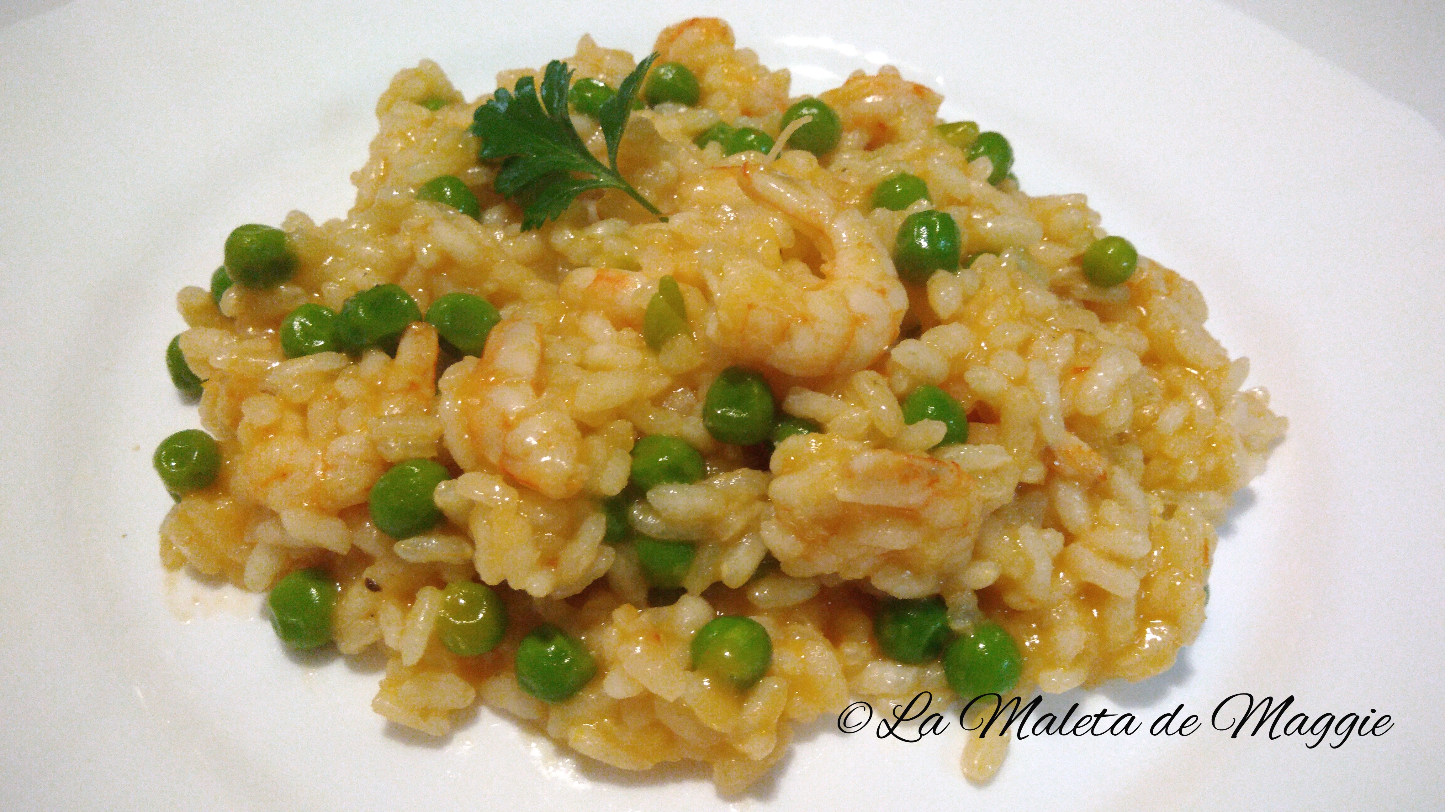 risotto de gambas y guisantes