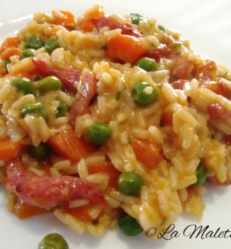 Risotto con verduras y beicon