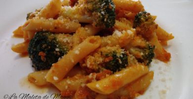 Macarrones con brócoli en salsa de sobrasada